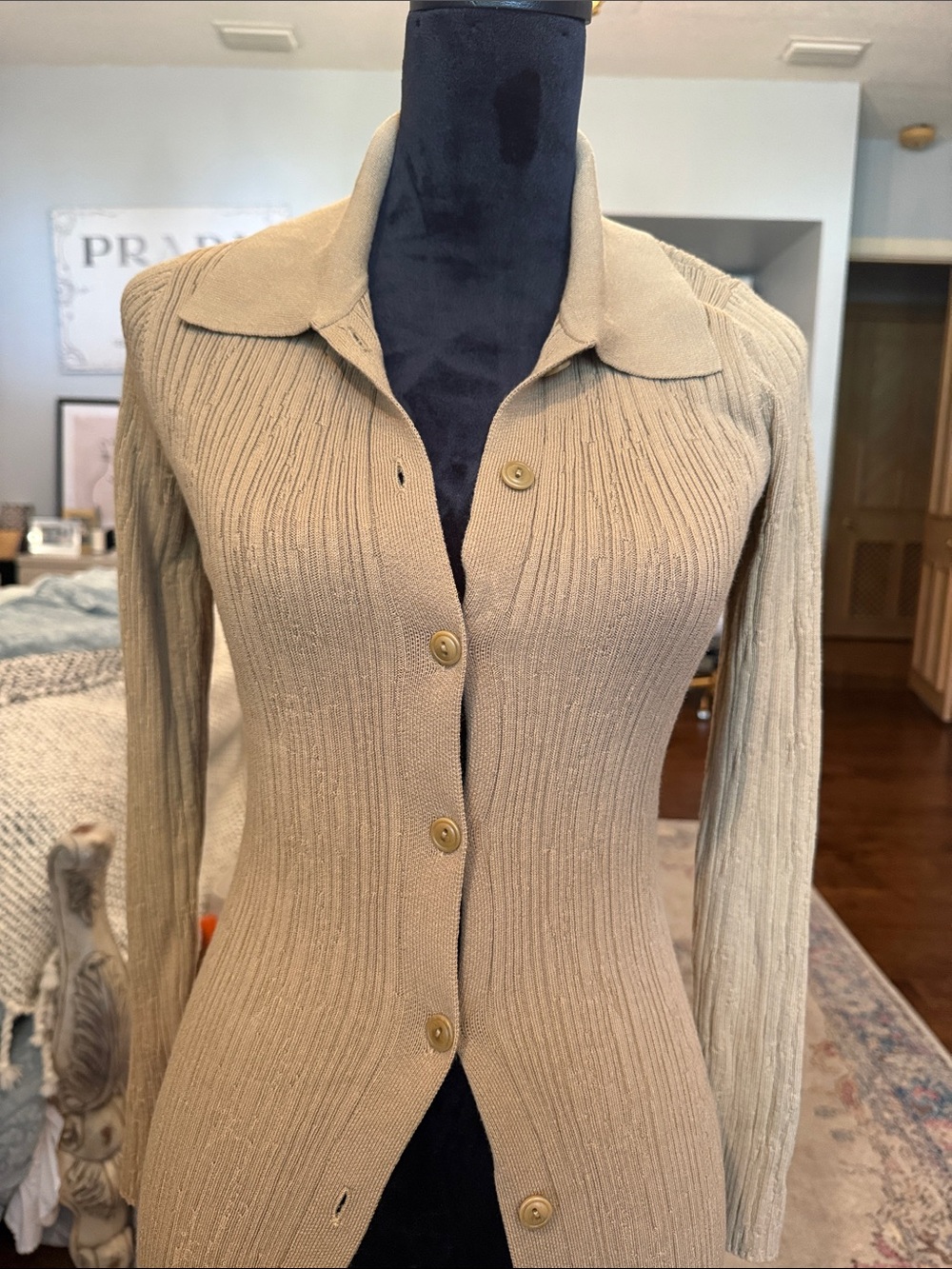 Beige Ribbed Long Button-Front Cardigan Sweater - Picture 2 of 4
